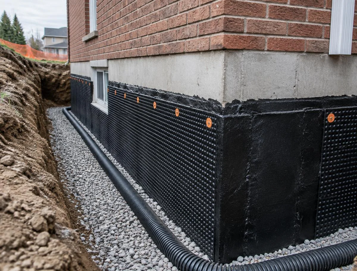 Exterior foundation membrane and new weeping tile in gravel
