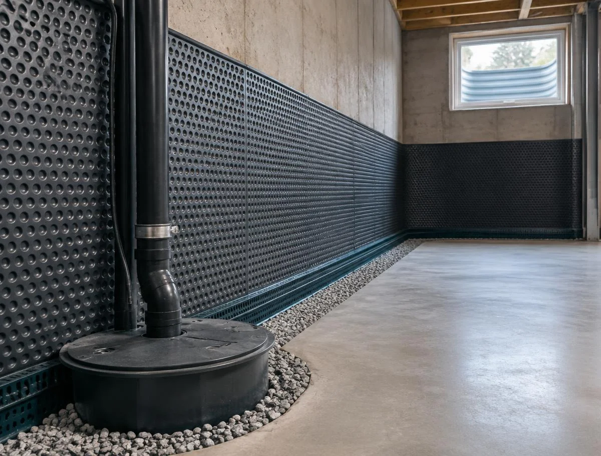 Clean interior basement drainage membrane and sump system